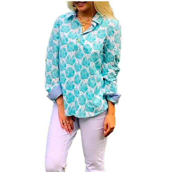NWT Liza Byrd Grayson Tunic Top Green Blue Palm Leaf Print Sz XL - Picture 1 of 9